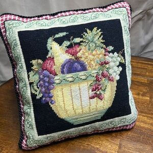 needlepoint pillow by hand fruit basket multi color grannycore pillow nwt wool